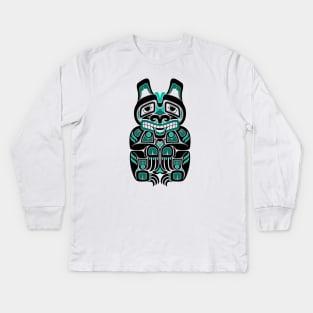 Teal Blue and Black Haida Spirit Bear Kids Long Sleeve T-Shirt